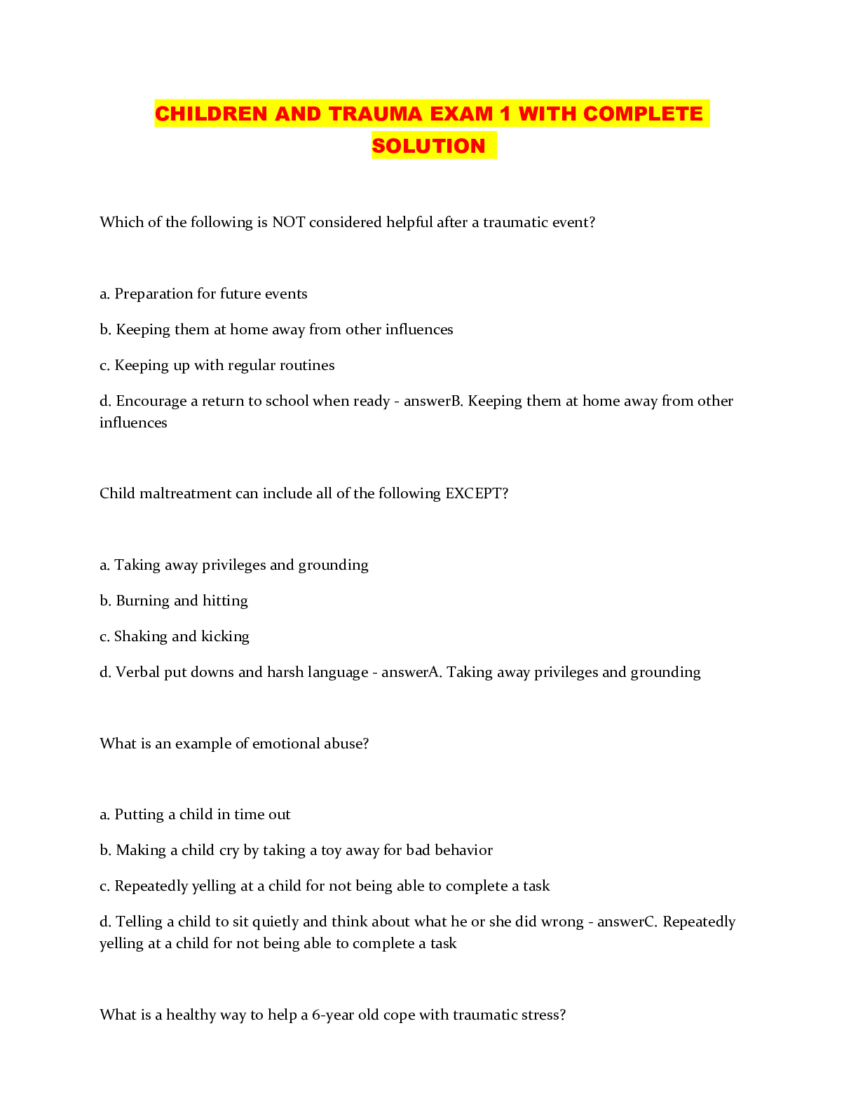 Preview image of CHILDREN AND TRAUMA EXAM 1 WITH COMPLETE SOLUTION document